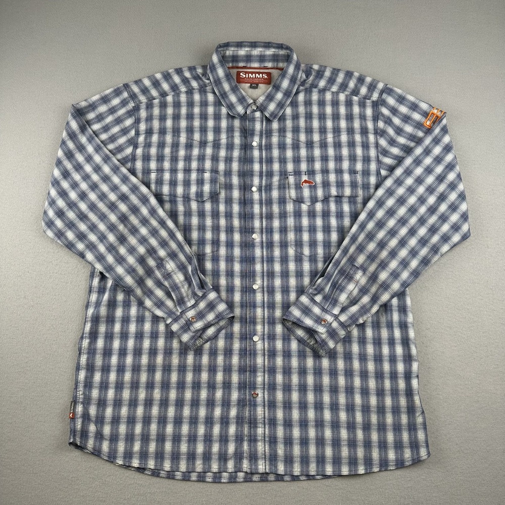 Simms Big Sky Shirt Pearl Snap Vented Fly Fishing Angler Men's XL Blue Plaid